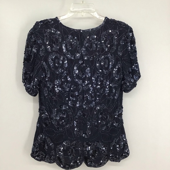 PAPELL Evening 100% Silk Sequin & Beaded Scalloped Hem Cocktail Party Top Size M - Picture 2 of 6